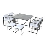 Set de grădină 7 piese pentru 6 persoane, masă din sticlă securizată, 4 scaune &icirc;mpletite și 2 taburete pentru picioare, Negru+Alb