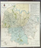 HARTA ORASULUI BUCURESTI , CU IMPARTIREA PE SECTOARE SI TRASEELE MIJLOACELOR DE TRANSPORT , POLICROMA, 1932