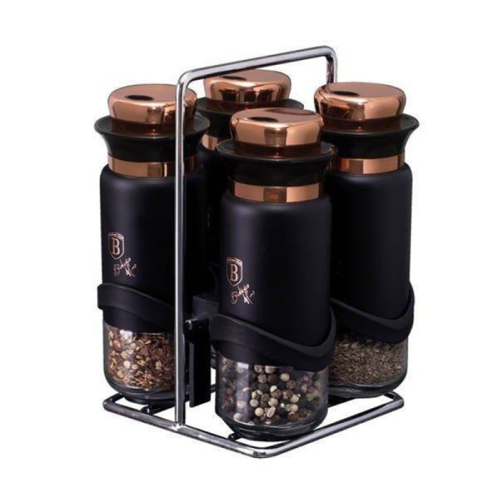 Set recipiente condimente Black Rose Berlinger Haus, 5 piese, inox, suport inclus