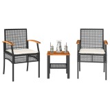 Set bistro cu perne, 3 piese, negru, poliratan și lemn acacia
