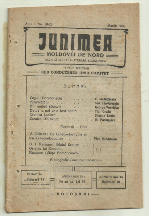 Revista JUNIMEA MOLDOVEI DE NORD - martie 1920, Botosani