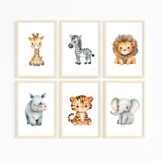 Set 6 tablouri cu animale safari pentru camera copilului, rama Natur, 21x30 cm