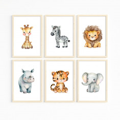 Set 6 tablouri cu animale safari pentru camera copilului, rama Natur, 21x30 cm