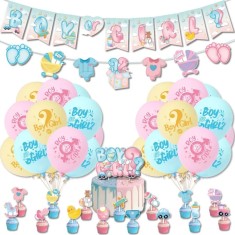Set 44 piese, ghirlande decorative, baloane pentru petrecere dezvaluire gen copil Boy or Girl?, latex, folie, multicolor foto