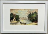 Toader Schipor- Tablou Peisaj cu Pescari &icirc;n Deltă, pictura &icirc;n acuarele &icirc;nrămată 23x32cm