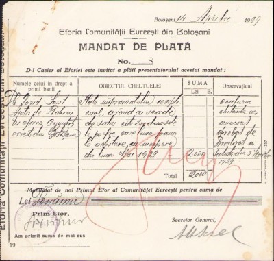 A2069 Mandat Eforia Comunității Evreiești Botoșani, 1929 foto