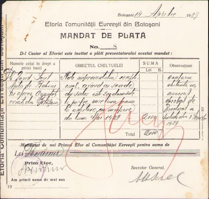 A2069 Mandat Eforia Comunității Evreiești Botoșani, 1929