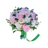Buchet mediu personalizabil cu trandafiri, mini bujori si floarea miresei (Alb, Roz, Verde)