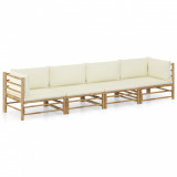 Set mobilier de grădină, 4 piese, perne alb crem, bambus, vidaXL
