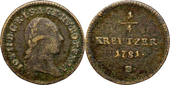 1781 B (Kremnica), &frac14; kreutzer - Iosif al II-lea - Arhiducatul Austriei