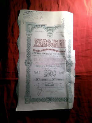 Actiune Zarojani 1926 - Titlu 5 Actiuni la purtator in val. 2500 lei , cu 4 cupoane foto