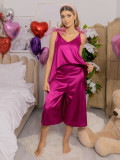 Pijama 2 piese din Satin Laurette cu bretele din Tulle Fuchsya