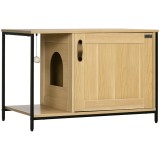 PawHut Casă Toaletă pentru Pisici, cu ușă de intrare laterală și minge suspendată, Oțel Negru și Lemn, 80 x 48 x 55 cm | Aosom Romania