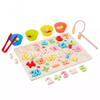 Puzzle 3D din lemn Cifre, joc pescuit si sortare bile colorate foto