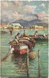 CP846N Napoli, Vesuvio con barche, pittore G Carelli, carte poștală