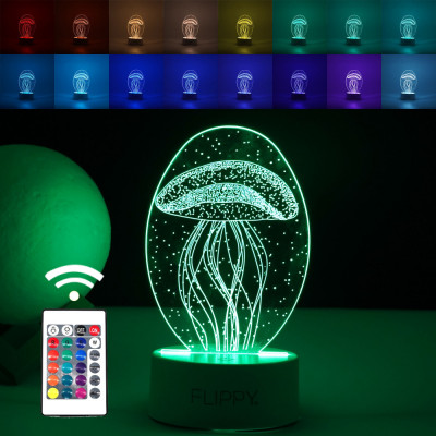 Lampa LED decorativa, Flippy, 3D, Meduza, din material acril si lumina multicolora, alb foto
