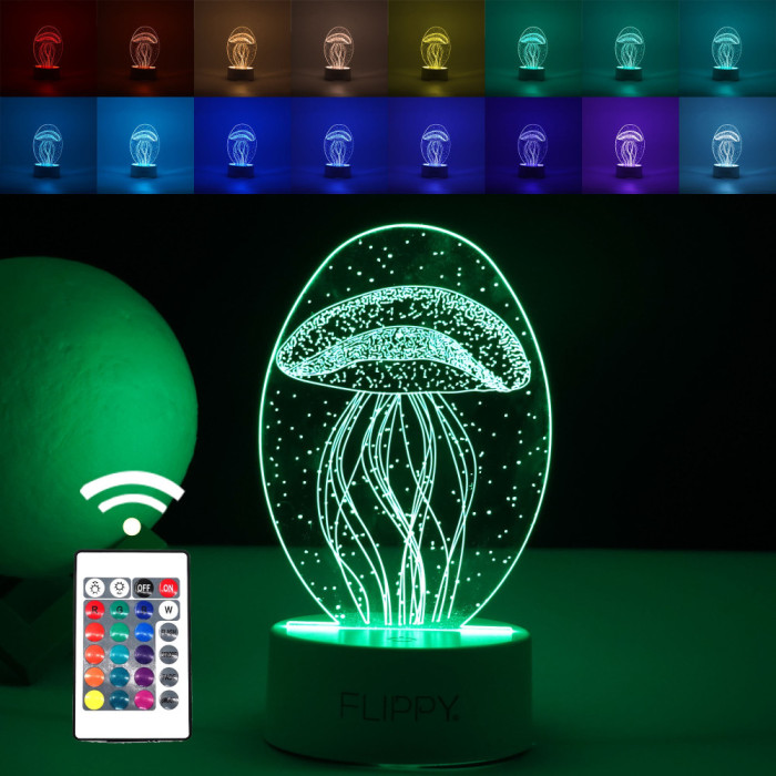 Lampa LED decorativa, Flippy, 3D, Meduza, din material acril si lumina multicolora, alb