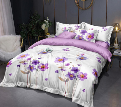 Lenjerie de pat pentru o persoana cu husa elastic pat si 2 fete perna dreptunghiulara, Eolande, bumbac mercerizat, multicolor foto
