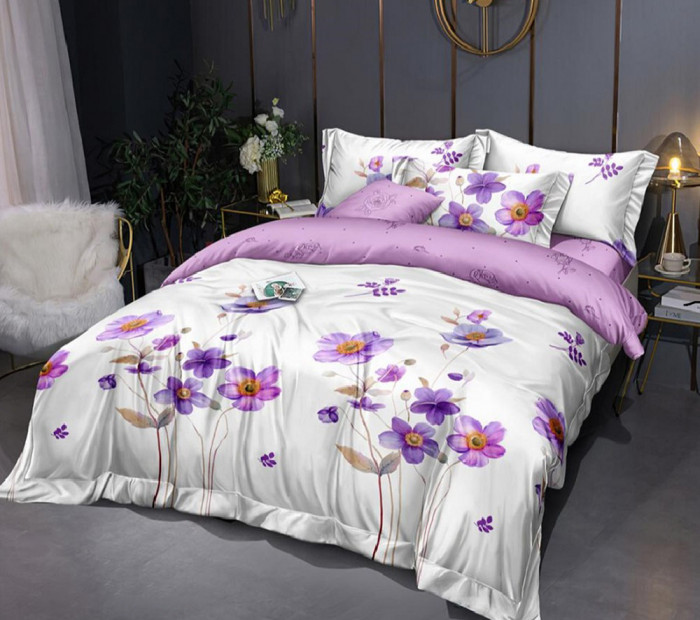 Lenjerie de pat pentru o persoana cu husa elastic pat si 2 fete perna dreptunghiulara, Eolande, bumbac mercerizat, multicolor