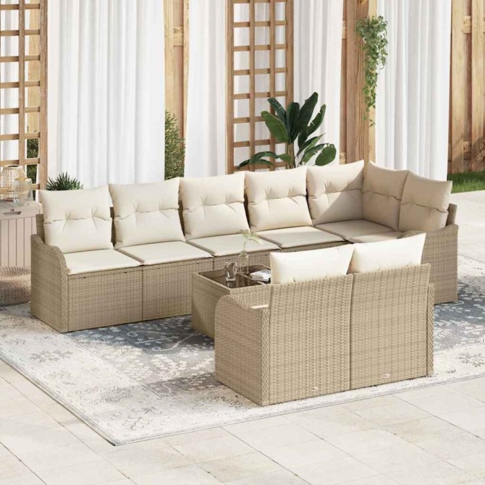 vidaXL Set de canapele pentru grădină cu pernă 9 pcs Bej Rattan poli