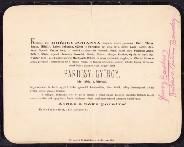 A2061 Ferpar al judecătorului rom&acirc;n Gheorghe Bardoși de la Tabla Regească din T&acirc;rgu Mureș, 1873