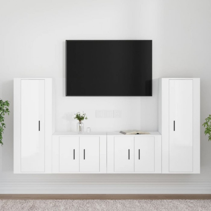 vidaXL Set dulap TV, 4 piese, alb extralucios, lemn prelucrat