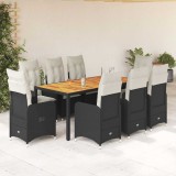 Set bistro de grădină, 9 piese, cu perne, negru, poliratan