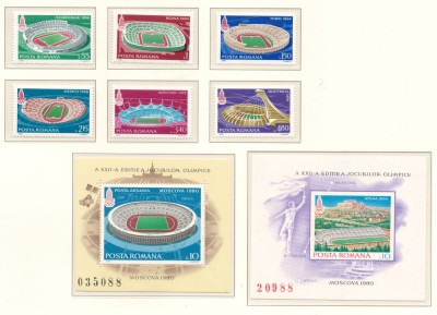 Romania 1979 Mi 3625/30 + bl 161 MNH - JO de vara, Moscova (1980) (I): Stadioane foto