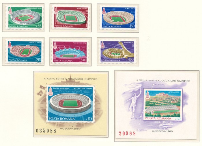 Romania 1979 Mi 3625/30 + bl 161 MNH - JO de vara, Moscova (1980) (I): Stadioane