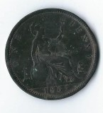 Moneda 1 penny 1865 - Marea Britanie, patina frumoasa