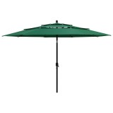 Umbrela gradina cu 3 niveluri, stalp aluminiu, verde, 3,5 m
