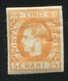 1869 , Lp 25 , Carol I 5 Bani portocaliu - nestampilat , M.H.