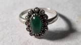 Inel argint vintage cu calcedonie verde si marcasite