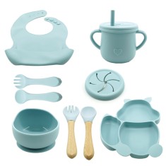 Set 10 piese diversificare bebelusi din silicon, baveta, farfurie cu ventuza, bol cu ventuza, tacamuri din lemn si silicon, cana, fara alergeni, blue