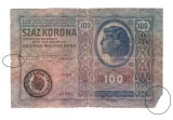 Bancnota Austro-Ungaria 100 kronen/korona/coroane 2 ianuarie 1912, cu surprastampila 1919 Romania Timbru Special, stare relativ buna