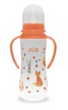 Biberon cu desen si manere piersica +6 luni, 250ml, PUR