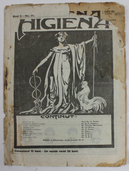 HIGIENA , REVISTA PENTRU PREINTAMPINAREA BOLILOR SI PASTRAREA SANATATII , ANUL II , NR. 30 , 1 APRILIE 1913