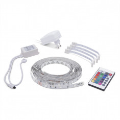 Set Banda LED RGB Multicoloră 5m IP20 pentru Interior - Telecomandă Inclusă, Flexibilă și Extensibilă, Iluminare Decorativă și de Ambianță