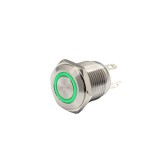 Buton push iluminat fara mentinere, 3A 12V DC, 16mm, IP67, metalic, inel LED verde, 4 pini, FLM16-FJ-2-EX000-S10M4-GREEN