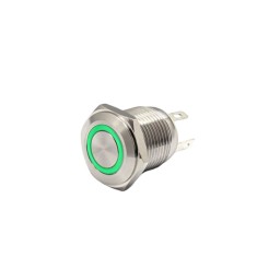Buton push iluminat fara mentinere, 3A 12V DC, 16mm, IP67, metalic, inel LED verde, 4 pini, FLM16-FJ-2-EX000-S10M4-GREEN