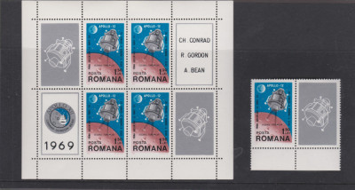ROMANIA 1969 COSMOS V - APOLLO12-serie 1 val. + Bloc 4 val LP.715,715 a MNH** foto