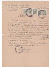 AMS - ADEVERINTA, SCOALA ELEMENTARA MIXTA N1 DIN SIRET, JUD.RADAUTI, ANUL 1949, CU FRANCATURA MULTIPLĂ