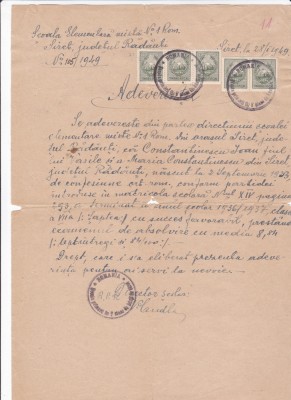 AMS - ADEVERINTA, SCOALA ELEMENTARA MIXTA N1 DIN SIRET, JUD.RADAUTI, ANUL 1949, CU FRANCATURA MULTIPLĂ foto