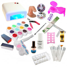 Kit Unghii False Gel Lampa UV 12 Geluri UV Set Manichiura Tipsuri Set 15 Pensule foto