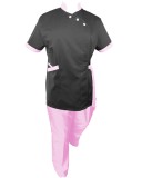 Costum Medical Pe Stil, Negru cu Elastan cu Garnitură Roz deschis si pantaloni Roz deschis, Model Andreea - L, 4XL