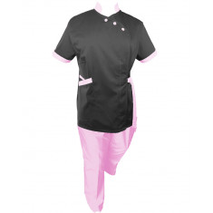 Costum Medical Pe Stil, Negru cu Elastan cu Garnitură Roz deschis si pantaloni Roz deschis, Model Andreea - M, 3XL