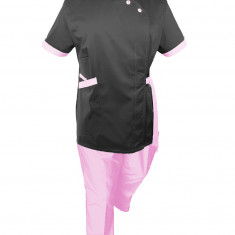 Costum Medical Pe Stil, Negru cu Elastan cu Garnitură Roz deschis si pantaloni Roz deschis, Model Andreea - S, S