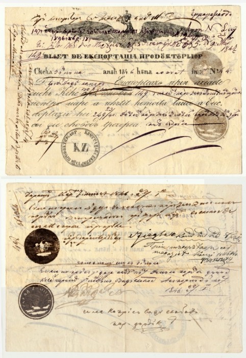 Muntenia 1846 document rar de vama cu antet Acvila Valaha folosit la schela Zimnicea cu stampile de administratie si carantina