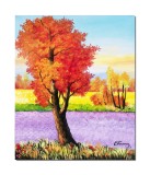 Cumpara ieftin Tablou pictat manual, Peisaj cu lavanda si copac in rosu, 60x50cm ulei pe panza, gata de agatat pe perete