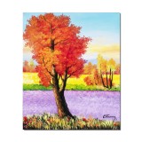 Tablou pictat manual, Peisaj cu lavanda si copac in rosu, 60x50cm ulei pe panza, gata de agatat pe perete